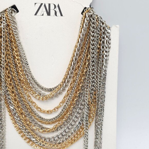 Zara Gold Silver Multi-Chain Heavy Black Faux Leather Belt NWTs READ ME - Picture 4 of 7